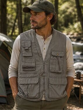 Pacific Crest Utility Vest Mens Medium Khaki Fishing Hiking Multi Pocket Outdoor